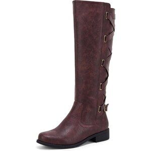 Womens Faux Leather Wine Red  Strappy Motorcycle Knee High Riding Lace Up Boot
